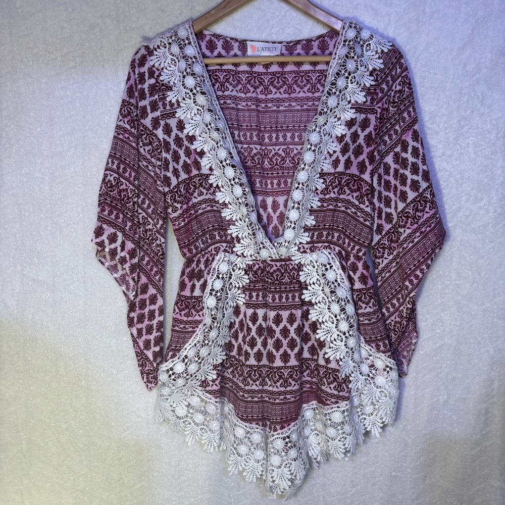 L'ATISTE Burgundy/Pink and White Patterned Romper